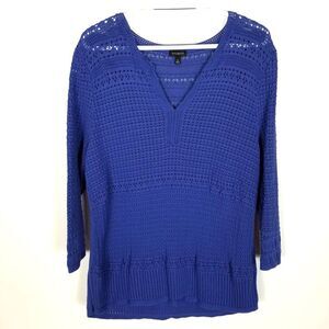 Talbots Women Cotton 3/4 Sleeve Pullover Crochet V-Neck Sweater Size XL Blue